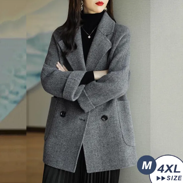 【LANNI 藍尼】★輕奢優雅人字紋厚挺毛呢中長板外套(秋冬/女大衣/毛呢外套/通勤/日系)
