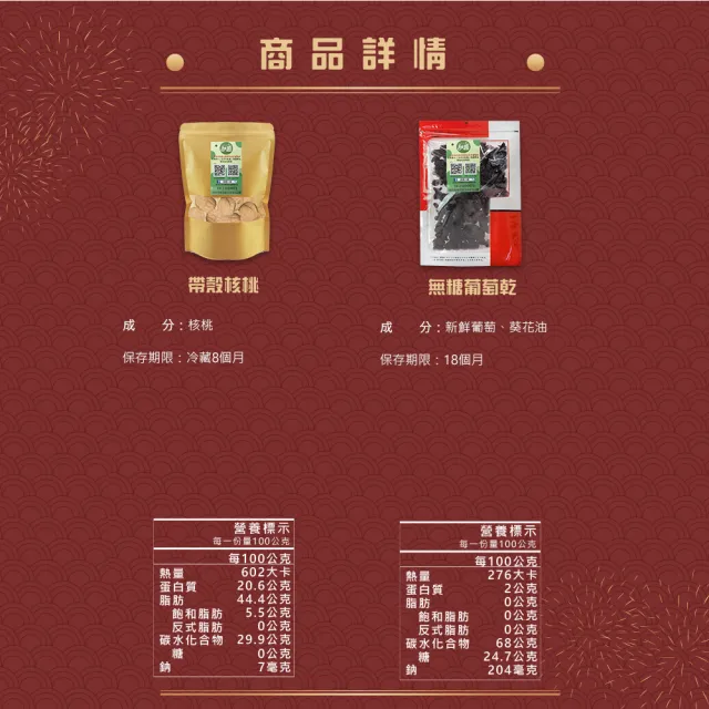 【甜園】年節禮盒 A款x1盒 無糖葡萄乾250g+帶殼核桃250g 台中十大伴手禮(綜合禮盒、禮盒訂購)