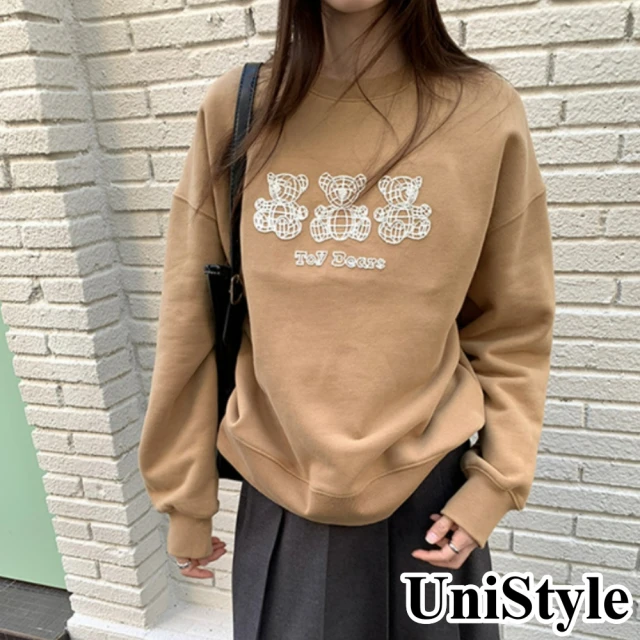 UniStyle 長袖大學T恤 韓版三隻小熊刺繡磨毛一體絨上衣 女 UP1987(姜黃)