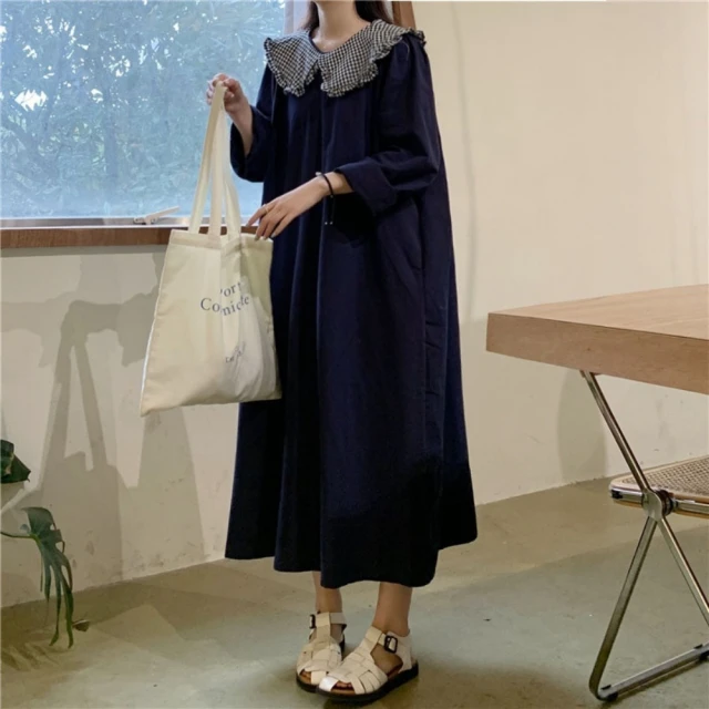 米蘭精品 洋裝長袖連身裙(氣質格紋娃外領過膝中長款大碼女裙子