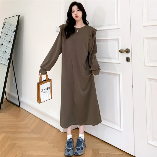 米蘭精品 洋裝長袖連身裙(大碼長袖氣質秋裝過膝寬鬆女裙子74