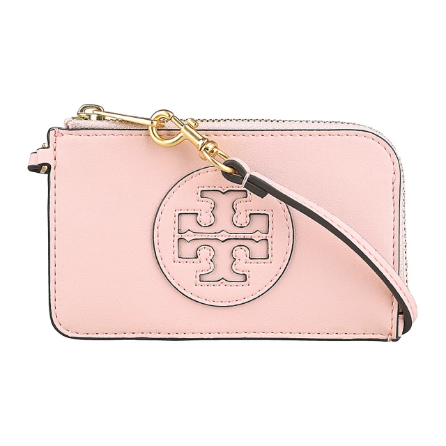 TORY BURCH TORY BURCH Ella Bio圓形皮標LOGO牛皮4卡拉鍊腕帶卡夾零錢包(腮粉紅)