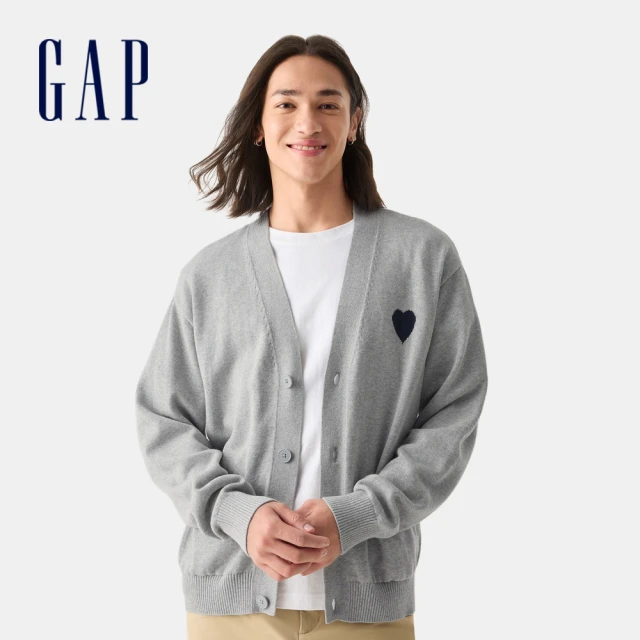 GAP 男裝 Logo純棉刺繡V領針織外套-淺灰色(723158)