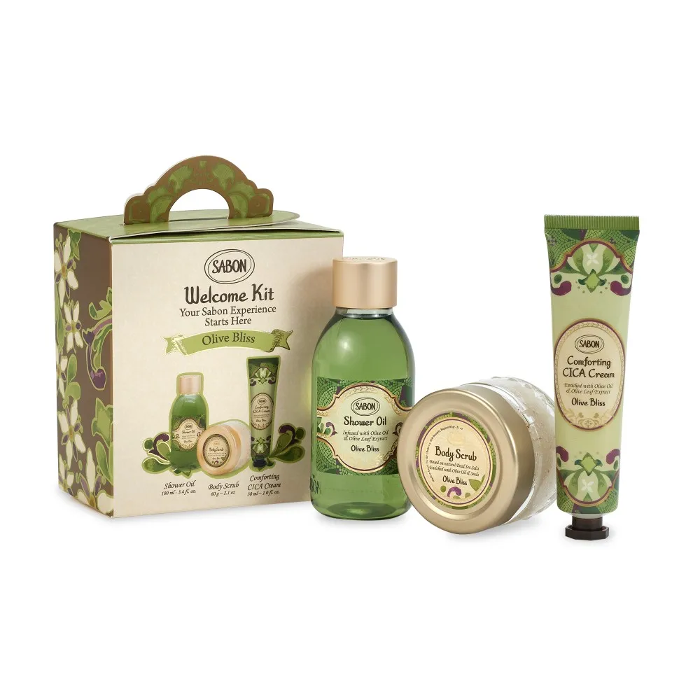 【SABON】官方直營 盛宴橄欖明星三部曲推薦組(沐浴油 100ml+身體磨砂膏 60g+積雪草修護霜 30ml)