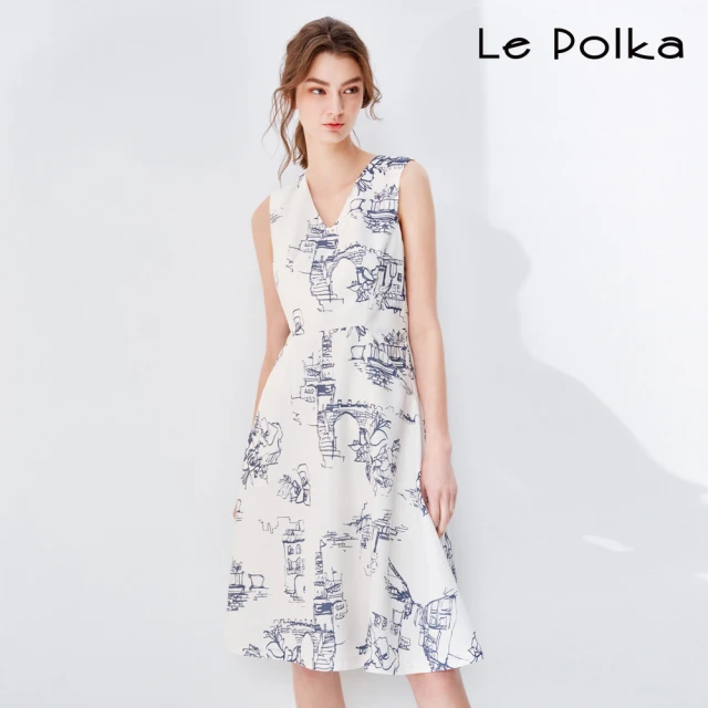 【Le Polka】文藝抽象線條印花洋裝-女