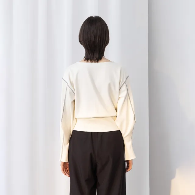 【MASTINA】船領燈籠袖造型長袖上衣(白 卡)