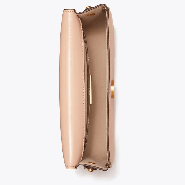 【TORY BURCH】專櫃經典款 漆皮翻蓋簡約經典雙T LOGO斜背包/側背包 粉紅色(附原廠防塵袋)
