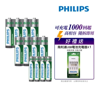 【Philips 飛利浦】低自放鎳氫充電電池3號4入*2+4號4入(贈USB 4槽智慧型充電器)