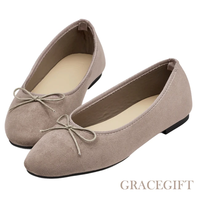 Grace Gift 優雅簡約蝴蝶結絨面芭蕾舞平底娃娃鞋(黑