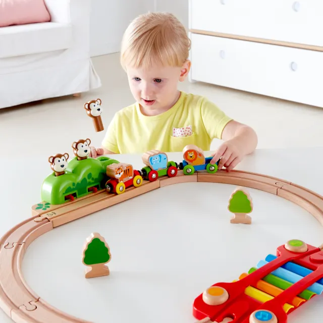 【Hape】音樂跳跳猴軌道玩具-19件組(軌道遊戲/家家酒玩具/木製玩具/木頭玩具)