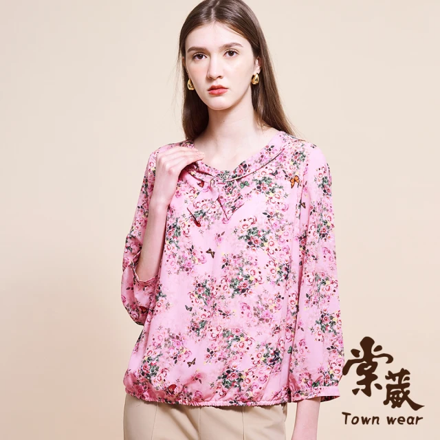 TOWN’WEAR 棠葳 優雅花卉雪紡上衣(中大尺碼/女上衣/女上著/滿版/領結/鑽飾/長袖)