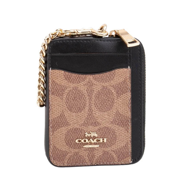 COACH 滿版LOGO拼接皮革方型卡夾拉鍊鍊帶零錢包(卡其/黑)