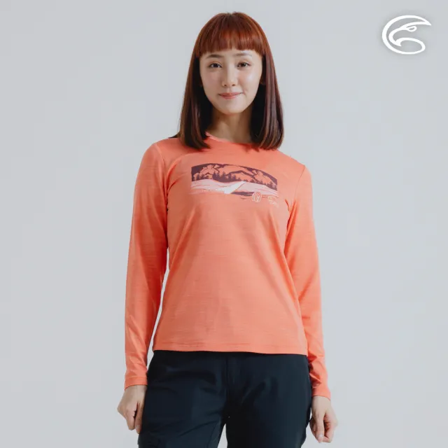 【ADISI】女圓領圖騰雲彩紗透氣快乾保暖上衣 AL2421037 粉橘 S-2XL(磨毛 輕量 排汗 速乾 彈性)