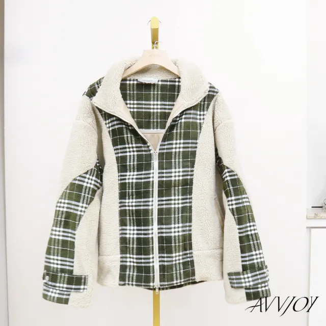 【AVVJOY 艾薇卓爾】羊羔毛拼接格紋外套(上衣 連帽 外套 毛外套 連帽外套 刷毛外套 G52325-2082)