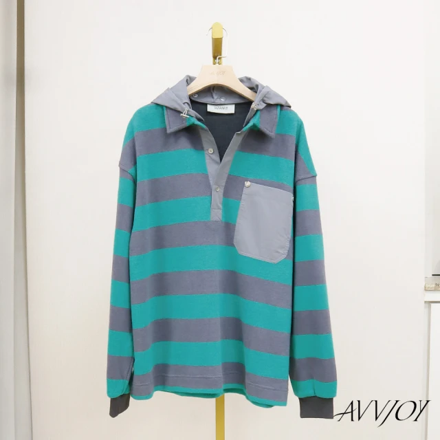 AVVJOY 艾薇卓爾 綠灰條紋POLO上衣(上衣 長袖 棉T 日系上衣 純棉polo POLO衫 oversize t恤 G52327-2118)