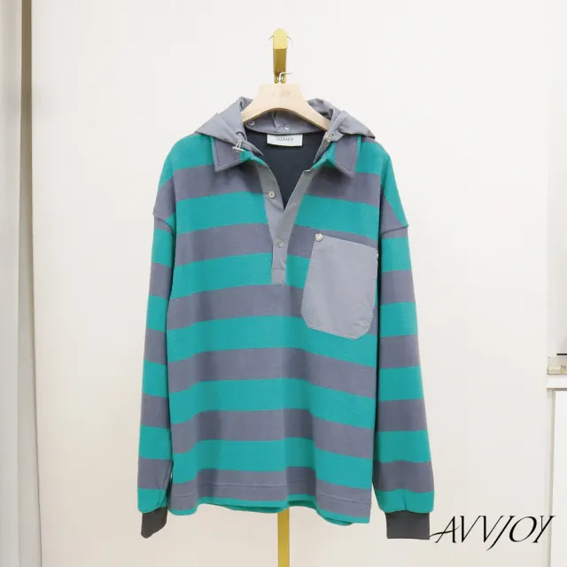 【AVVJOY 艾薇卓爾】綠灰條紋POLO上衣(上衣 長袖 棉T 日系上衣 純棉polo POLO衫 oversize t恤 G52327-2118)