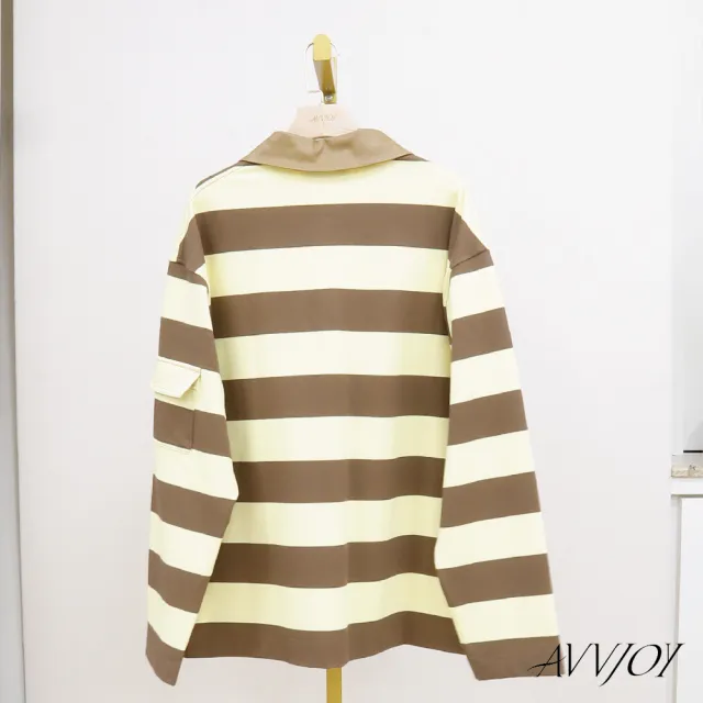【AVVJOY 艾薇卓爾】黃咖條紋Polo(上衣 長袖 棉T 日系上衣 純棉polo POLO衫 oversize t恤 G52327-2102)
