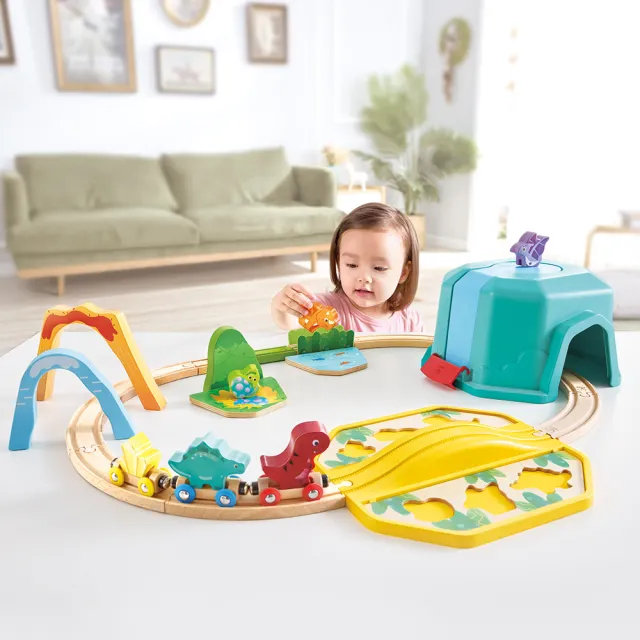 【Hape】恐龍世界火車軌道組/玩具盒27件組_附收納箱(軌道遊戲/家家酒玩具/木製玩具/木頭玩具)