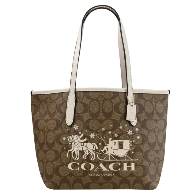 COACH 經典馬車LOGO印花拼接手提肩背小托特包(駝/白邊)