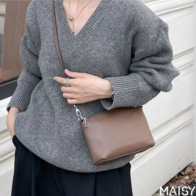 【MAISY】真皮 經典迷你頭層牛皮小方包 肩背包 斜背包(真皮包包 棕色／黑色／咖啡色／卡其