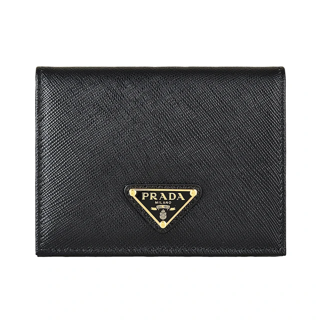 PRADA 普拉達 PRADA SAFFIANO TRIANG燙金三角LOGO防刮牛皮4卡扣式對折短夾(黑)