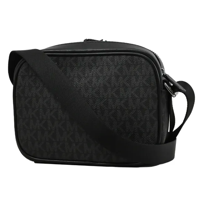 【Michael Kors】經典MK印花LOGO寬背帶雙層拉鍊小包斜背包(黑灰)