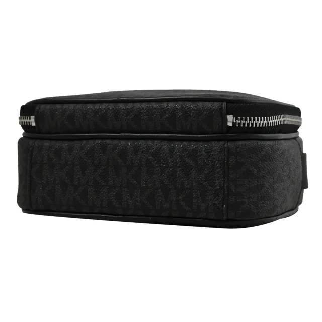 【Michael Kors】經典MK印花LOGO寬背帶雙層拉鍊小包斜背包(黑灰)