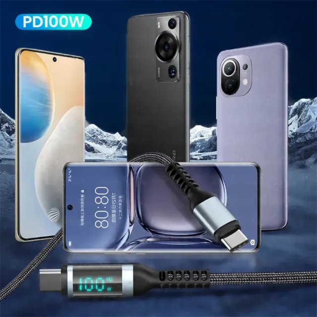 【Golf】急速 PD 100W USB-C to USB-C LED數顯充電編織傳輸線 1.2m(數位顯示功率)