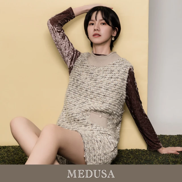 MEDUSA 曼度莎 現貨-米卡其羊毛毛呢編織拼接背心（M-XL）｜女羊毛背心 女造型背心(501-7190A)