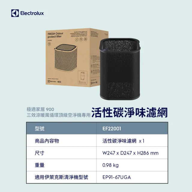 【Electrolux 伊萊克斯】極適家居900三合一涼暖空氣循環清淨機 活性碳濾網(EF22001)
