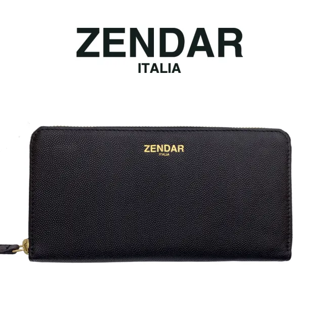 【ZENDAR】台灣總代理 限量1折 超柔軟頂級小羊皮荔枝紋拉鍊長夾 佩姬系列 全新專櫃展示品(黑色 送禮盒提袋)