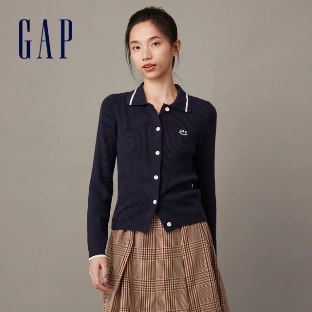 GAP 女裝 Logo翻領長袖針織外套-海軍藍(891718)