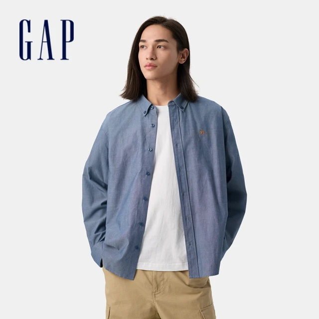 GAP 男裝 純棉小熊刺繡翻領長袖襯衫-水洗藍(723199)