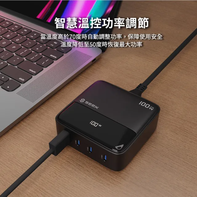 【SEEK】100W GaN氮化鎵電源供應器/充電器CU-P1002(螢幕顯示、智慧溫控功率調節)