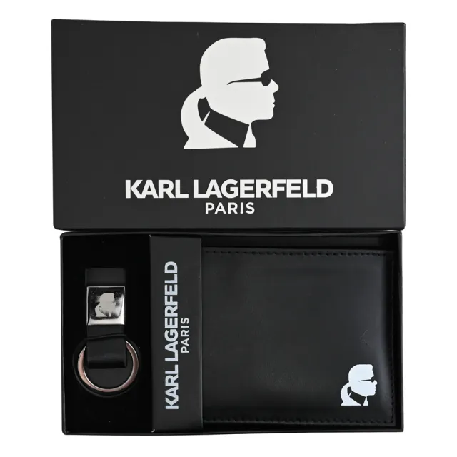 【KARL LAGERFELD 卡爾】紀念款老佛爺圖樣6卡短夾鑰匙圈禮盒組(黑)