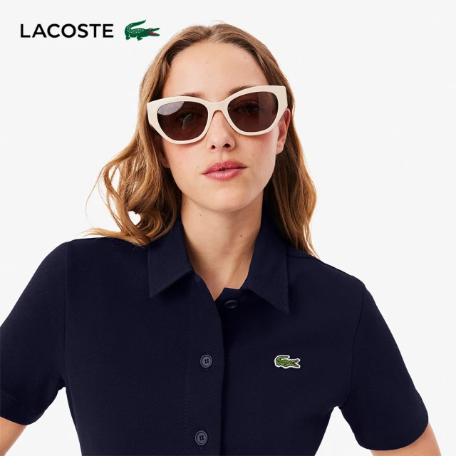 LACOSTE 女裝-厚磅網眼布鈕扣短袖Polo洋裝(海軍藍)