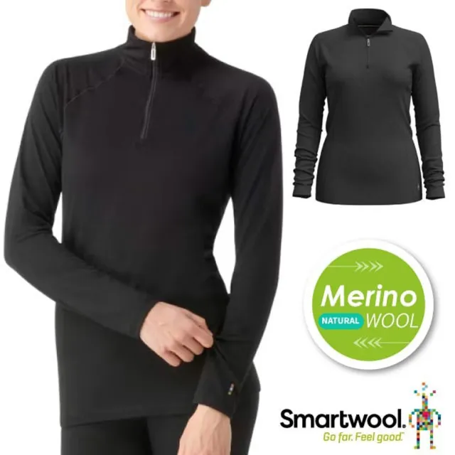 【SmartWool】女 All-season 美麗諾羊毛內著半開襟長袖衛生衣.內搭衣(SW002827-001 黑色)