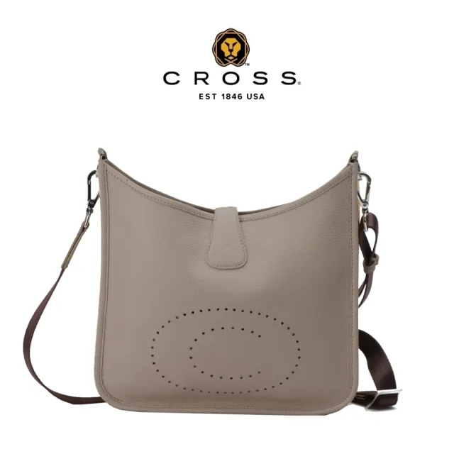 【CROSS】限量1折 頂級小牛皮荔枝紋鏤空洞洞C LOGO側肩包 艾芙琳系列 全新專櫃展示品(大象灰)