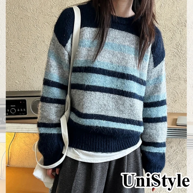 UniStyle 圓領長袖毛衣 韓版撞色條紋上衣 女 WTF