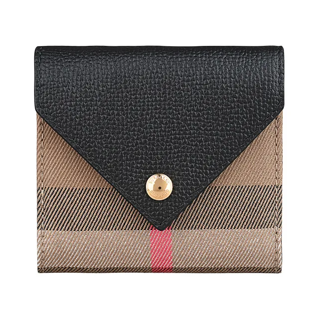【BURBERRY 巴寶莉】BURBERRY LILA圓形金屬壓印LOGO格紋設計棉質帆布拼牛皮4卡三折短夾(經典米x黑)