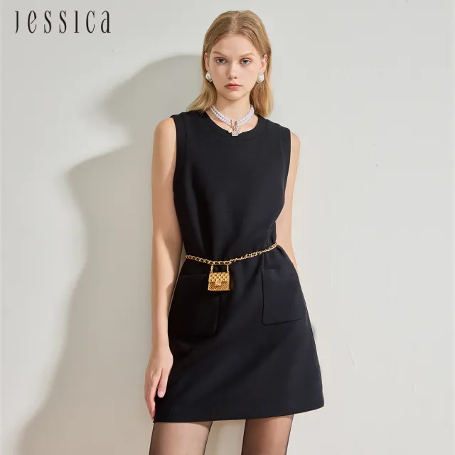 【JESSICA】氣質小香風圓領素色口袋羊毛無袖洋裝（黑）J44705