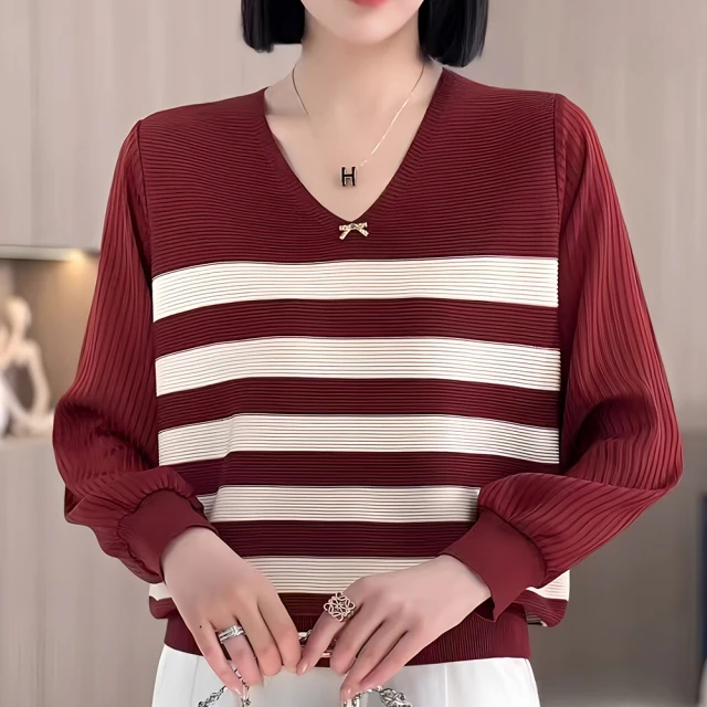 chai yan 采妍 橫條V領綴飾針織紗袖上衣(秋冬新款上衣-65-78公斤可穿)