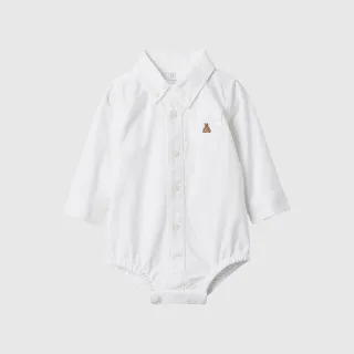 【GAP】嬰兒裝 純棉小熊刺繡翻領長袖包屁衣-白色(876709)