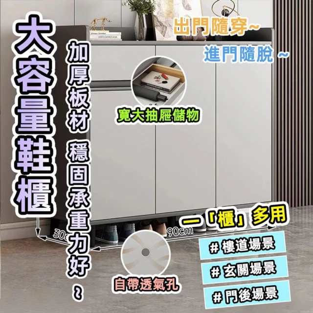 捷泰家居 90cm封閉式多格收納鞋櫃 三門一抽(天空灰+淺灰