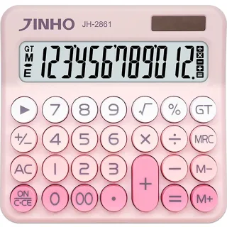 【JINHO 京禾】多巴胺色系太陽能復古風按鍵12位數計算機JH-2861-糖果粉(辦公室文具 糖果色系 開工)