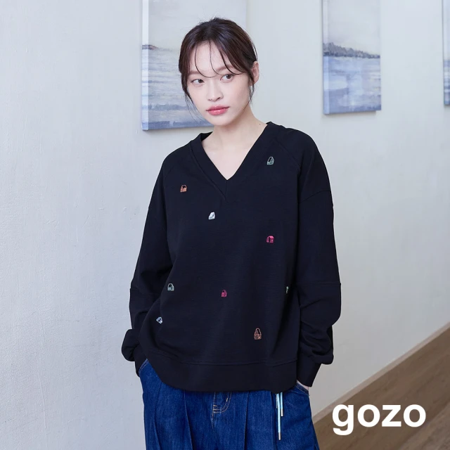 gozo 小房子細坑條V領拉克蘭袖大學T(兩色)