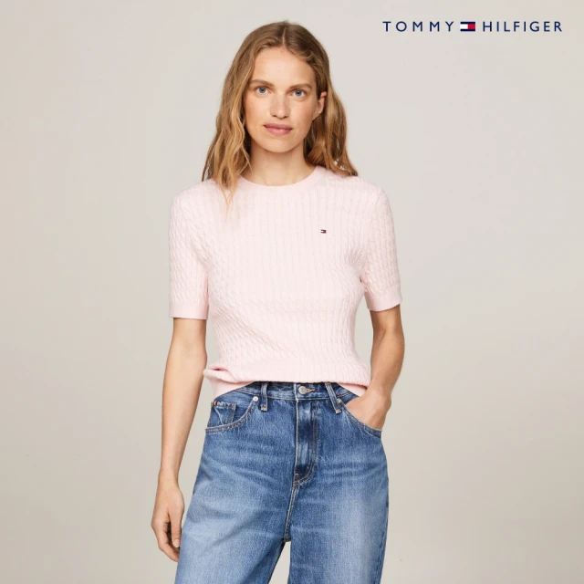 Tommy Hilfiger 官方旗艦館 條紋修身短袖毛衣_粉紅色