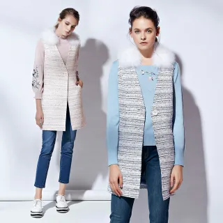 【ILEY 伊蕾】狐狸毛修身長版花呢背心(黑/粉)