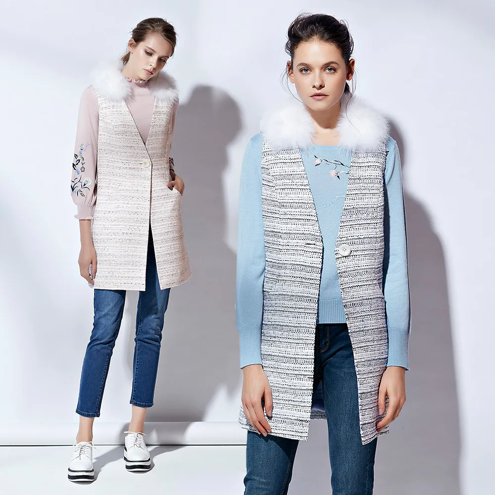 【ILEY 伊蕾】狐狸毛修身長版花呢背心(黑/粉)