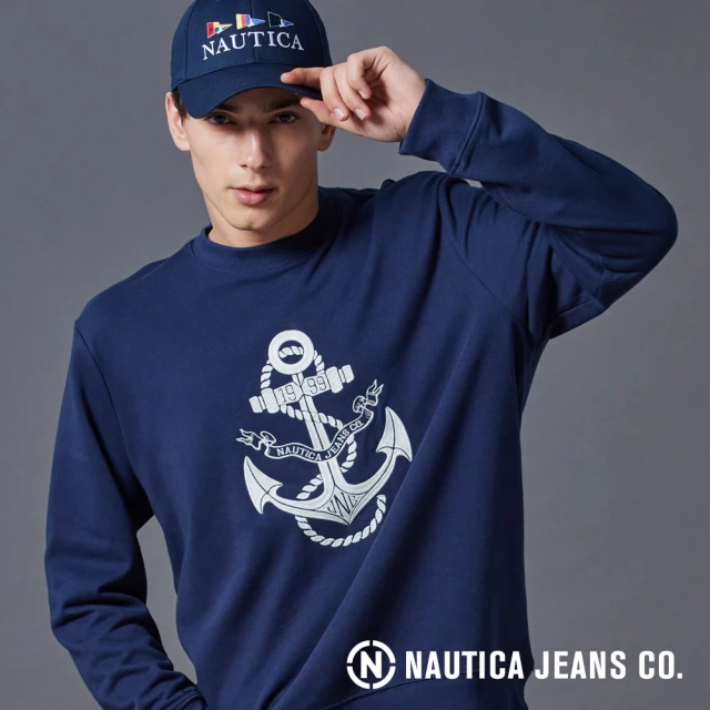 NAUTICA 官方旗艦 男裝 經典船錨圖騰刺繡長袖T恤(藍色)